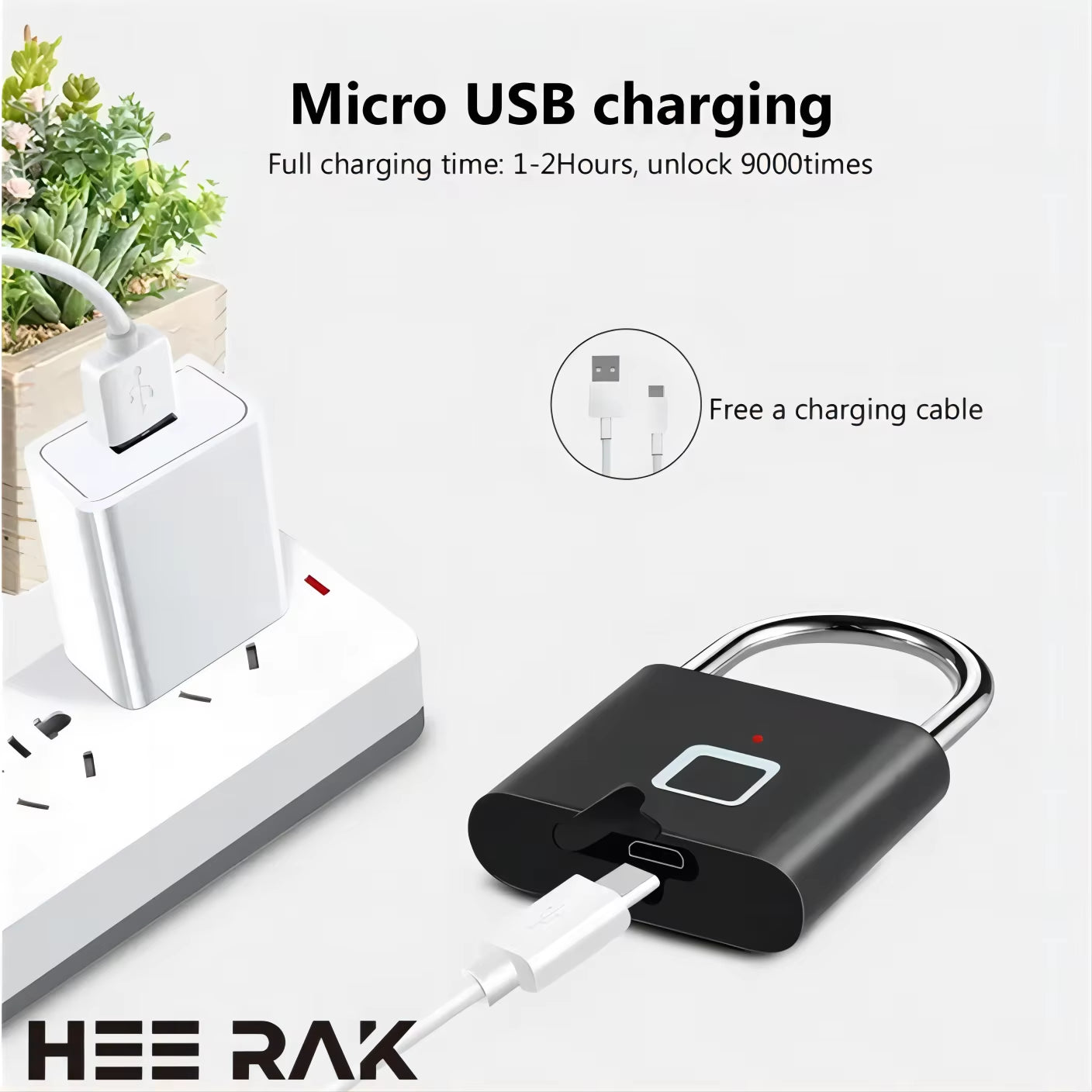 HEE RAK Keyless USB Charging Fingerprint Smart Padlock - Waterproof Anti-Theft Zinc Lock with 0.2 Sec Unlocking Time