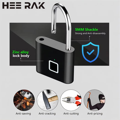 HEE RAK Keyless USB Charging Fingerprint Smart Padlock - Waterproof Anti-Theft Zinc Lock with 0.2 Sec Unlocking Time