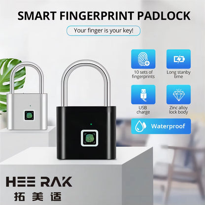 HEE RAK Keyless USB Charging Fingerprint Smart Padlock - Waterproof Anti-Theft Zinc Lock with 0.2 Sec Unlocking Time